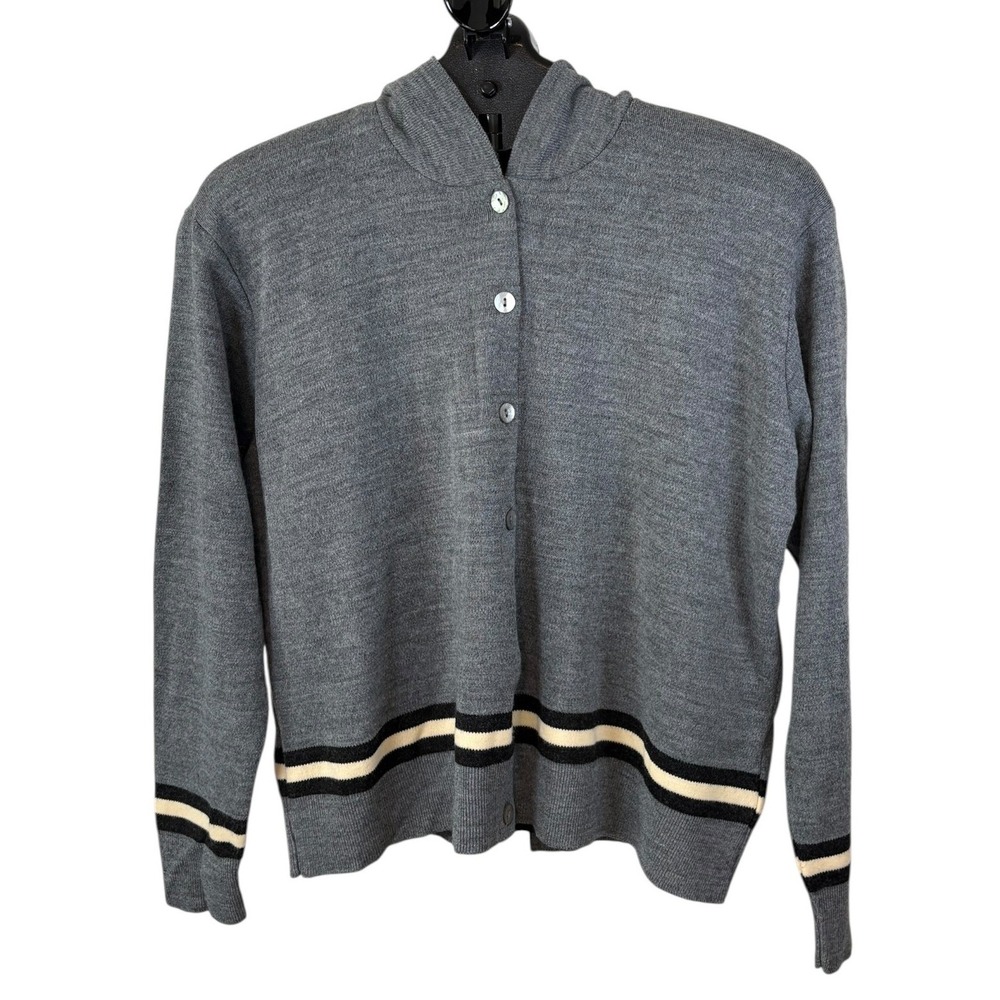 Karen Lessly Gray Striped Hooded‎ Cardigan Sweater Womens XL Button Front